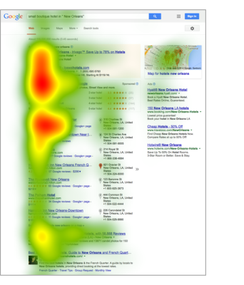 Typische Eyetracking-Heatmap einer Google Suchergebnis-Seite (Quelle: GrowTraffic UK)