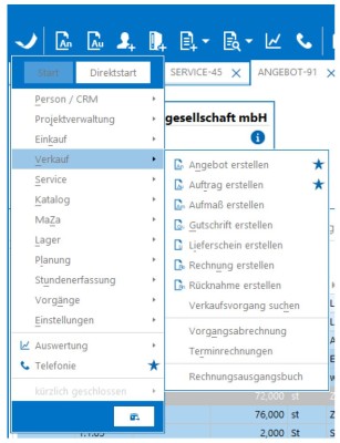 Screenshot: 1-Klick Vorgänge starten und Favoriten festlegen