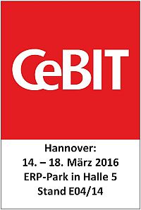 CeBIT Logo: Auf der CeBIT (14. – 18. März 2016 in Hannover) ist das VlexPlus Team im ERP-Park in Halle 5 am Stand E04/14 vertreten.