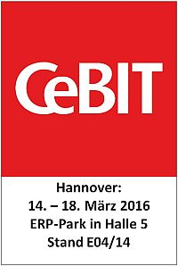 CeBIT Logo: Auf der CeBIT (14. – 18. März 2016 in Hannover) ist das VlexPlus Team im ERP-Park in Halle 5 am Stand E04/14 vertreten. 