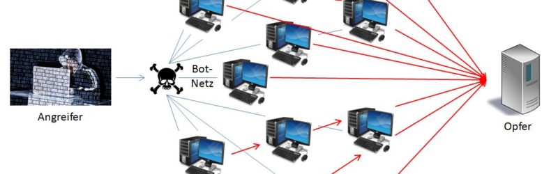 Schema: Für die DoS / DDoS Attacke machen sich Angreifer Sicherheitslücken von PCs zunutze, um Schadsoftware zu installieren, diese zu einem jederzeit aktivierbaren „Bot-Netz“ zusammenzuschließen und schließlich gezielte Angriffe auf den Zielserver auszuüben.