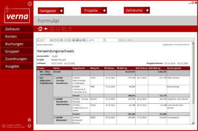 Screenshot: Mit verna Mit „verna“ hat LANOS erstmals eine Lösung entwickelt, die eine einfache, transparente Verwaltung von Verwendungsnachweisen erlaubt und diese in einem automatisierten Verfahren direkt aus der DATEV Buchhaltung erzeugt.