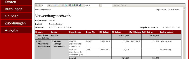 Screenshot: Mit verna Mit „verna“ hat LANOS erstmals eine Lösung entwickelt, die eine einfache, transparente Verwaltung von Verwendungsnachweisen erlaubt und diese in einem automatisierten Verfahren direkt aus der DATEV Buchhaltung erzeugt.