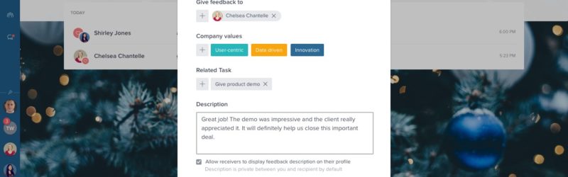 Screenshot Taskworld Collaboration-Software: Screenshot: Abzeichen für Verhalten im Einklang mit bestimmten Unternehmenswerten lassen sich einfach dem Kommentar beifügen.