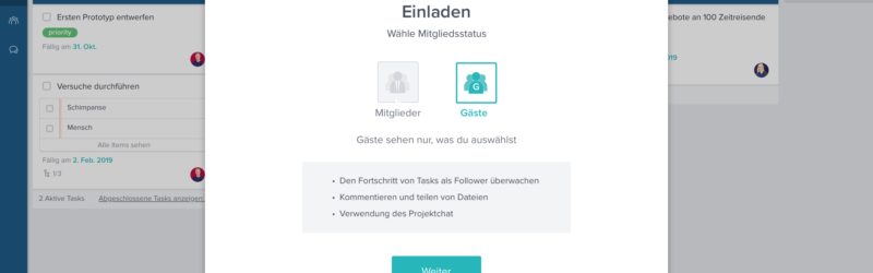 Der Gastzugang bietet externen Partnern die Möglichkeit, den Projektfortschritt zu verfolgen, zugewiesene Aufgaben zu erledigen, zu kommentieren, zu kommunizieren oder Feedback und Dateien zu teilen.