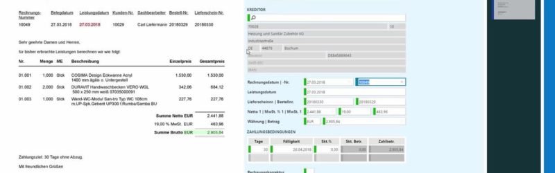 Links der Beleg, rechts die Erfassungsmaske: Mit künstlicher Intelligenz werden sämtliche buchungsrelevante Details erkannt – es folgt ein digitaler und workflowgestützter Prüf- und Freigabeprozess. (Bild: pds GmbH)