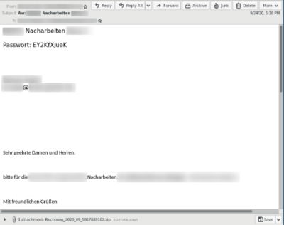 Beispiel: Emotet-Malspam (Deutsch) mit verschlüsseltem Anhang (Bild: Hornetsecurity)