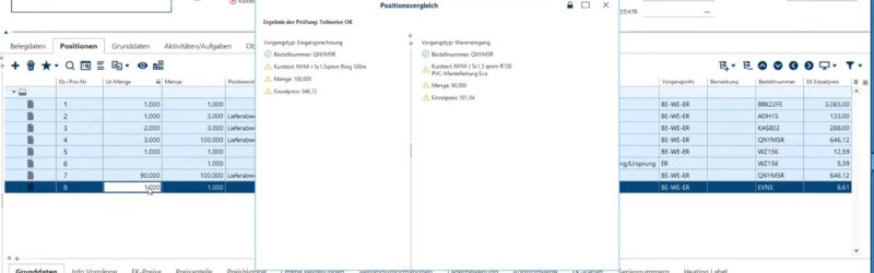 Rechnungsprüfung in der pds Software: Abweichungen zu den Einkaufsvorgängen sind sofort sichtbar. Darüber hinaus können sich Anwender der pds Software den Rechnungsbeleg als PDF ansehen und diesen digital kommentieren. (Bild: © pds GmbH)